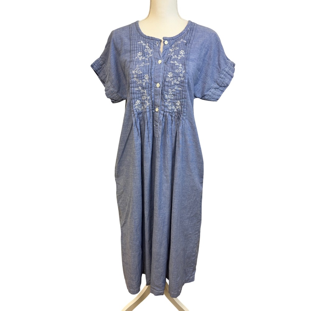 NAQUI Embroidered Chambray Midi House Dress Vintage Sz M Blue Cottagecore Modest